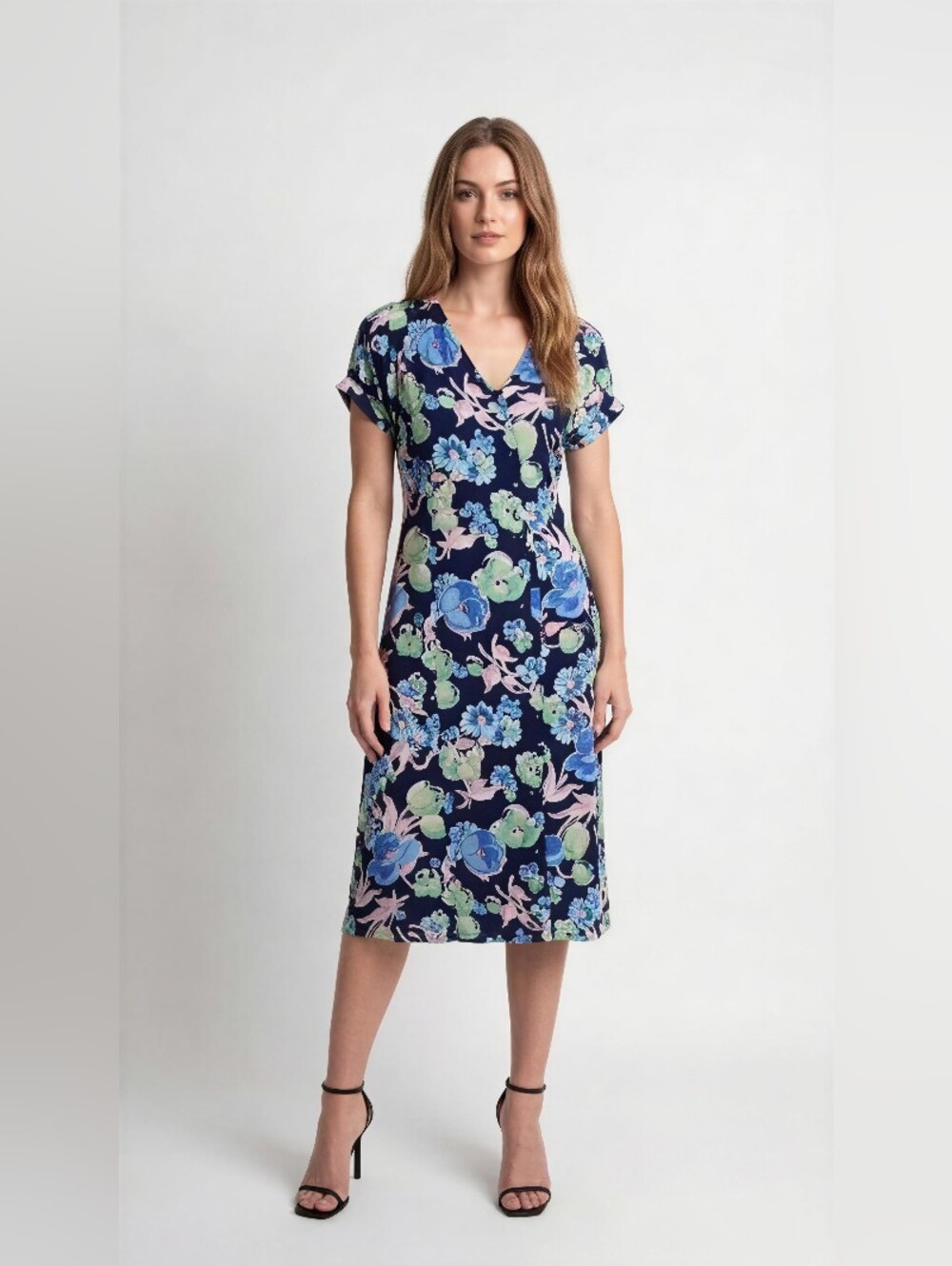 TALBOTS Navy Blue Floral V-Neck Midi Dress SIZE 10 NEW NO TAG